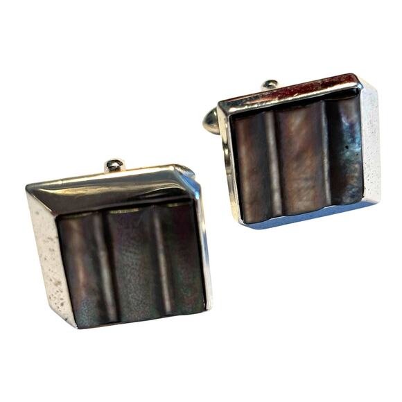 Vintage 1960's Swank Jewelry Cufflinks Silver & gray brown opalescent stones - Picture 5 of 6